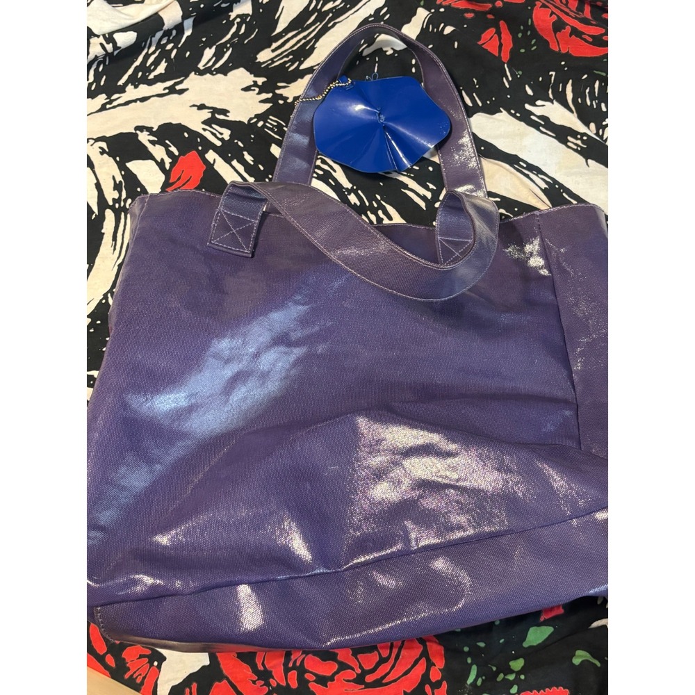 Lola Marc Jacobs Purple Metallic Coated Canvas Tote Bag Red Lining Flower Charm - Picture 4 of 8
